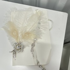 Handmade White Wedding Guest Book Art Deco Style Feather & Rhinestone Ribbon