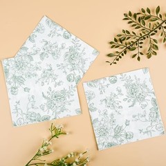 100 Floral Cocktail Napkins White Toile Disposable Paper Napkins 5 Sage Green