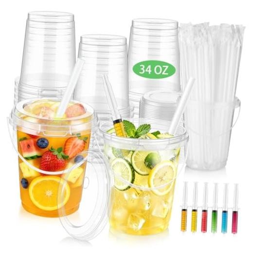 30 Sets 34 oz Drink Buckets with Lids and Straws, Disposable 30 PCS Clear