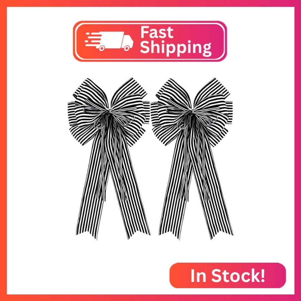 Hongsome 2 Pack Black White Stripe Halloween Fall Bows for Wreaths,12”x20”Black