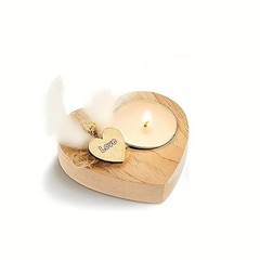 Handmade Heart-Shaped Wooden Candle Holder with White Feather， Natural Soy Wax