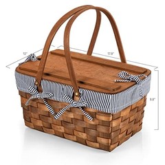 Kansas Handwoven Wood Picnic Basket Navy Blue & White Stripe