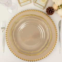 CLEAR 10 Round 9″ Plastic DINNER PLATES Gold Scalloped Rim Party Decorations