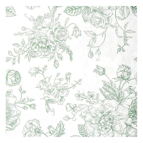 100 Floral Cocktail Napkins White Toile Disposable Paper Napkins 5 Sage Green