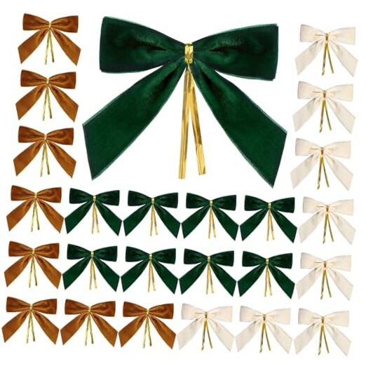 24 Pcs Velvet Christmas Bows for Christmas Tree, Green, Brown, Cream White
