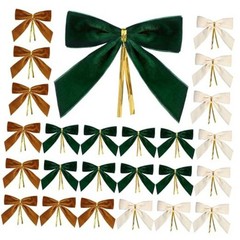 24 Pcs Velvet Christmas Bows for Christmas Tree, Green, Brown, Cream White