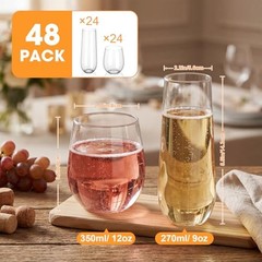 48 Pack Stemless Plastic Wine Glasses 9 oz & 12 oz Disposable Champagne Clear