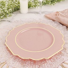 10 BLUSH 8″ Baroque PLASTIC DESSERT PLATES with Gold Rim Party Event Decorations