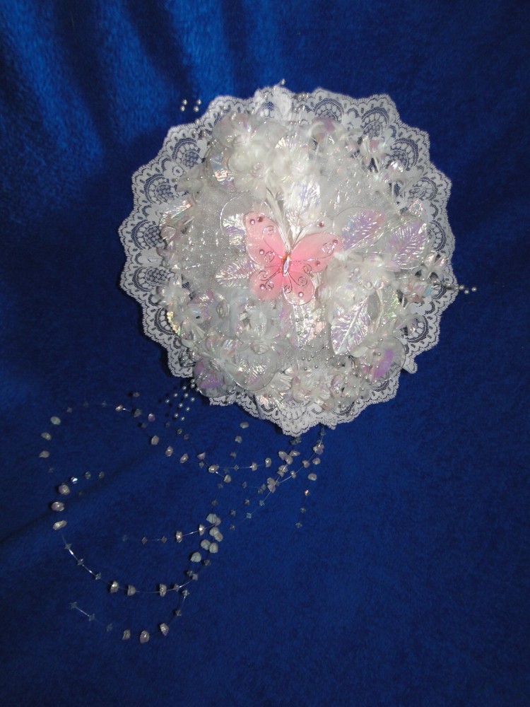 New Stunning Handmade Iridescent white floral and Pink Butterfly Bridal Bouquet