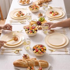 3PCS lvory Plastic Dinnerware Set – lvory and Gold Rim – Disposable 50 Ivory
