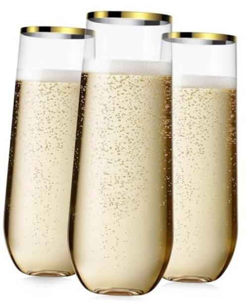24 Pack Champagne Flutes Plastic, 9 Oz Disposable Stemless Mimosa Gold-24 Pack