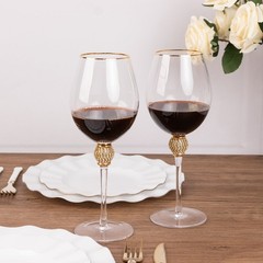 6 Clear Wine Goblet Glasses 16oz Gold Rimmed Design with Rhinestone Studded