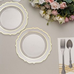 30 CLEAR 8″ Round Plastic Dinner Plates GOLD Scalloped Rim Events Wedding