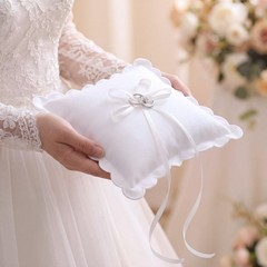 Wedding Ring Pillow 9 x 9 Inch White Scalloped Ring Bearer Pillows with Bow C…