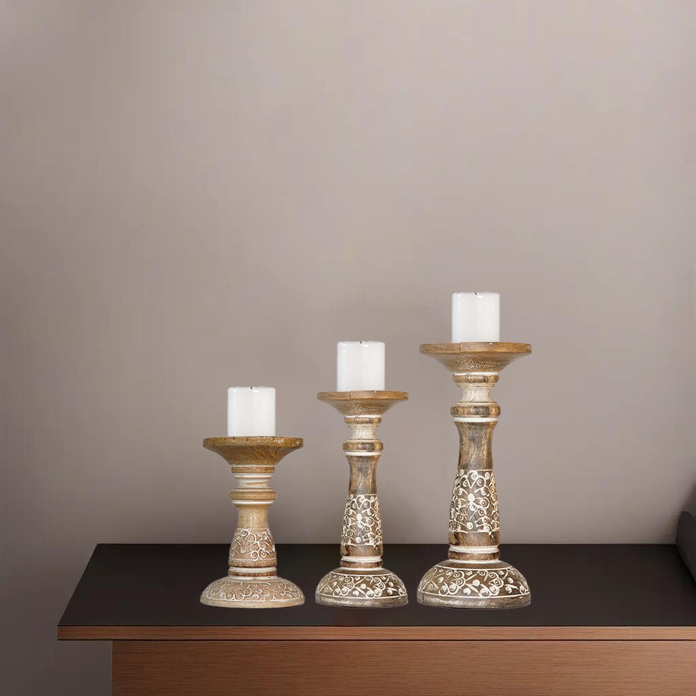 Handmade Eco-Friendly Traditional White Wash Set Of Three Pillar Candle Holder