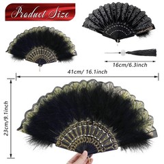 Namalu 2 Pieces Feather Hand Fan Embroidered Flower Marabou 1920s Black