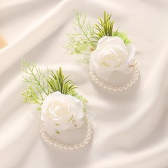 2pcs Wedding White Rose Wrist Flowers Artificial Rose Flowers for Ceremony Pr…