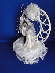 New Vintage African American Dark skin Bride & Groom Heart Wedding CakeTop, #340