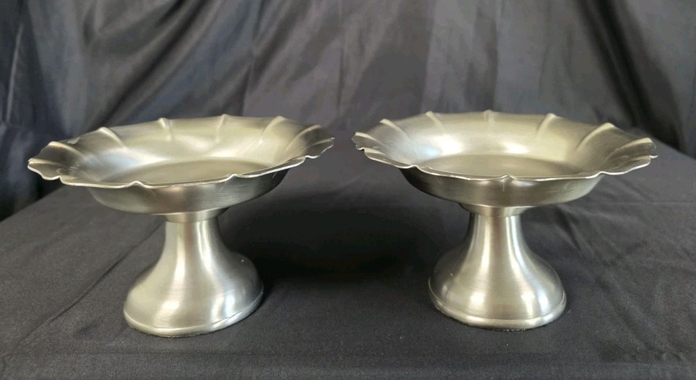 Martha Stewart Satin Pewter Pillar Candle Stands Set of 2 Fluted Pedestal Metal