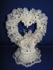 New Elegant Wedding Caketopper with Love Doves , lacy heart background #268