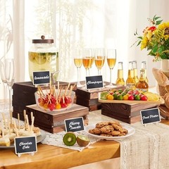 8 Pcs Buffet Risers with Mini Signs 8 Pcs (8.0″, 7.0″, 6.5″, 5.5″) Rustic Wood