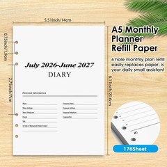 2026–2027 Weekly Planner Refills for A5 6-Ring Binder, Monthly Planner Jul