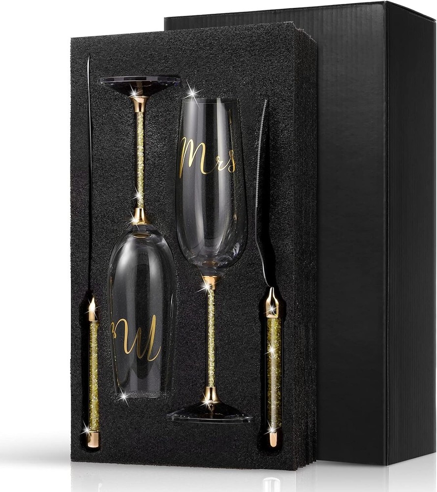 Wedding Knife and Server, Crystal Glasses Engraved Mr & Mrs, Cake Cutting Set