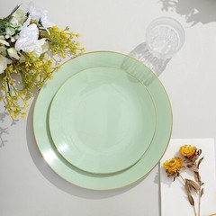 SAGE GREEN 10 Glossy 8″ Round Plastic Salad PLATES Gold Rim Party Events