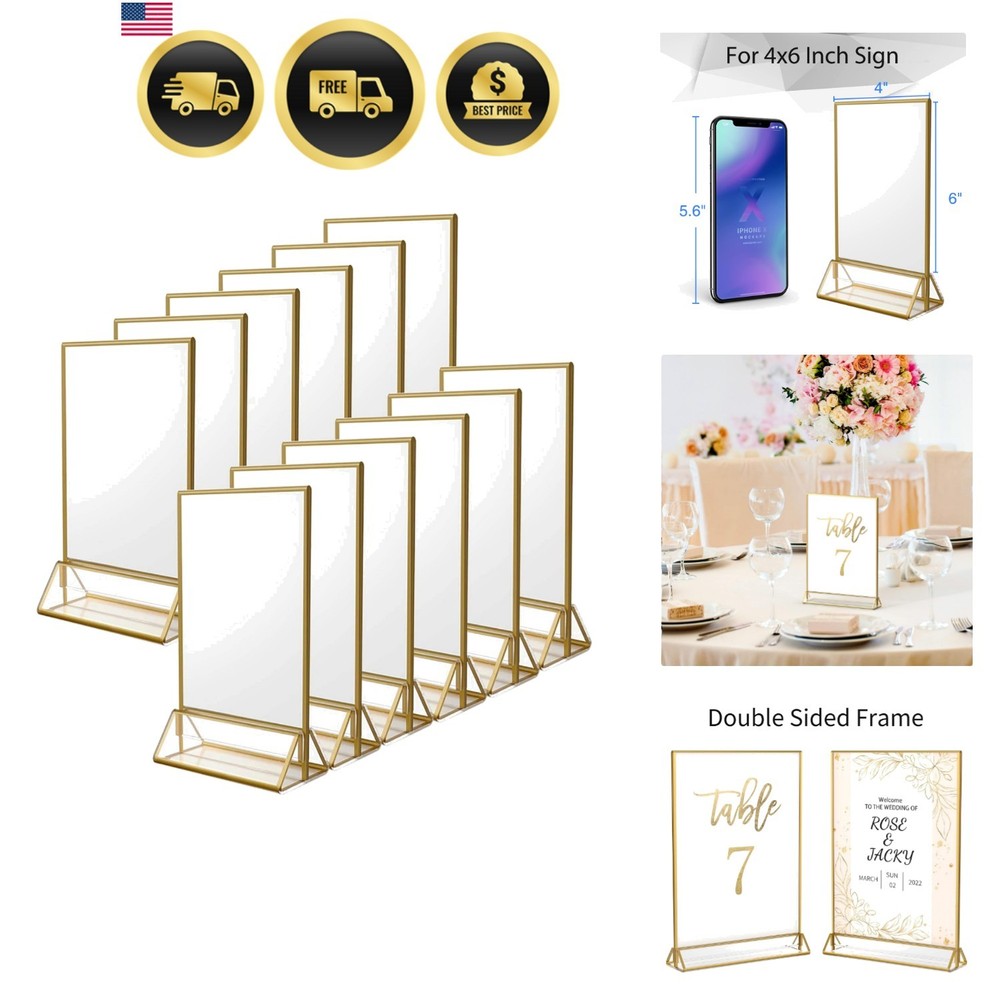12Pack 4 x 6 Clear Acrylic Wedding Table Number Holder Stands with Gold Borde…