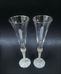 SET OF 2 SILVER RIM,SPARKLING CRYSTALS STEM,BASE CHAMPAGNE,FLUTE GLASS,HAND MADE