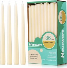 Hausware 36 Pack Taper Candles, 8 Hour Burn Time,Unscented 10 inches, Ivory