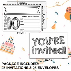 10th Birthday Invitations, 25 Double-Sided Invitation Cards with 25 Envelopes…