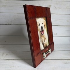 Pre-owned Huntley Leather Pet Dog Picture Frame w/Silver Bone Accent Excellent