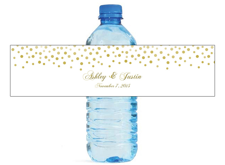 Gold Confetti Falling On White Background Wedding Birthday Water Bottle Labels