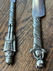 Vintage NIB Bombay Christmas Toy themed Cake Knife & Server w/pewter handles