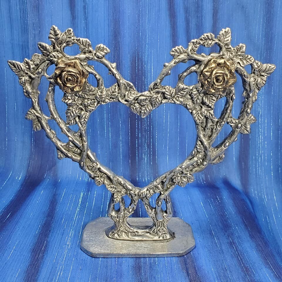 Rose Heart Wedding Cake Topper Pewter Figurine Fellowship Foundry US Made *NEW*