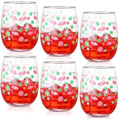 6 Pcs Stemless Wine Glasses, 15 oz Summer Cocktails Glass, Hawaiian Flamingo