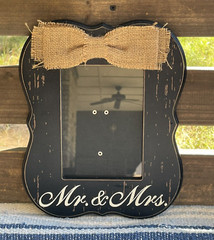 Mr & Mrs Wood Picture Frame Wedding Sign Black Distressed Burlap Bow Table Wall