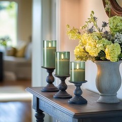 Green Glass Flameless Candles with Remote and Timer, Real Wax Olive Green