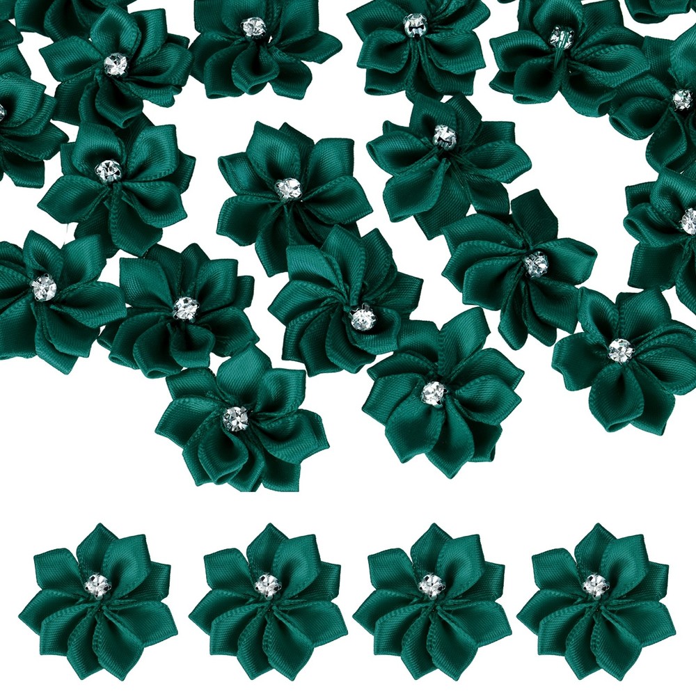 100Pcs Ribbon Flowers 1.2″ Fabric Flowers with Rhinestones Dark Green