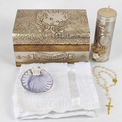 Baptism Candle Set in Premium Decoration Box with Towel, Rosary 4 inch, Gold