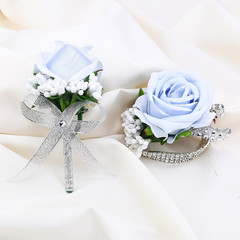 2Pcs Light Blue Rose Corsage and Men Boutonniere Set Women Wristlet Band Wrist B