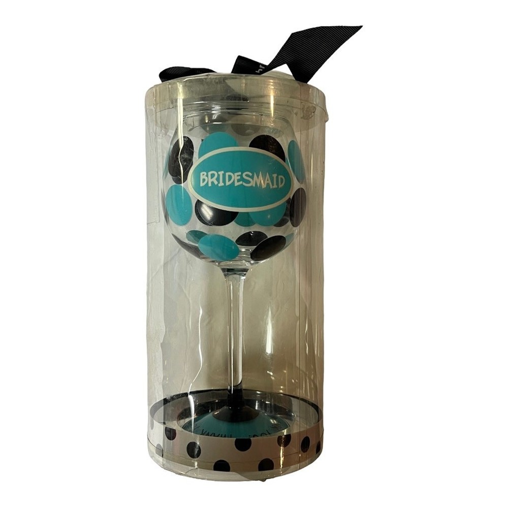 Mudpie Bridesmaid Wine Glass Teal Black Polka Dot Wedding Bridal Thank You New