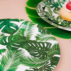 25 WHITE 9″ Round Paper Plates with TROPICAL Leaves Design Disposable Tableware