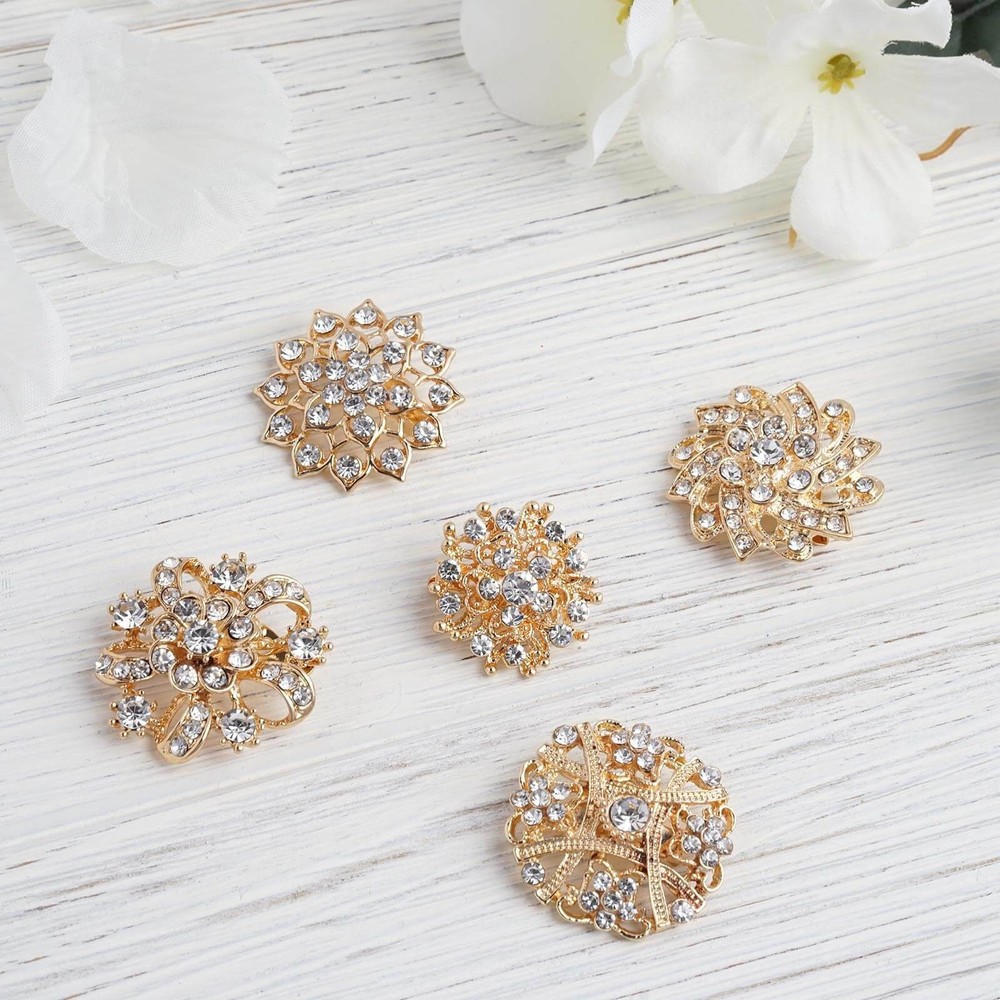 20 GOLD Metal Assorted Brooches Floral Pins with Rhinestones Party Decorations