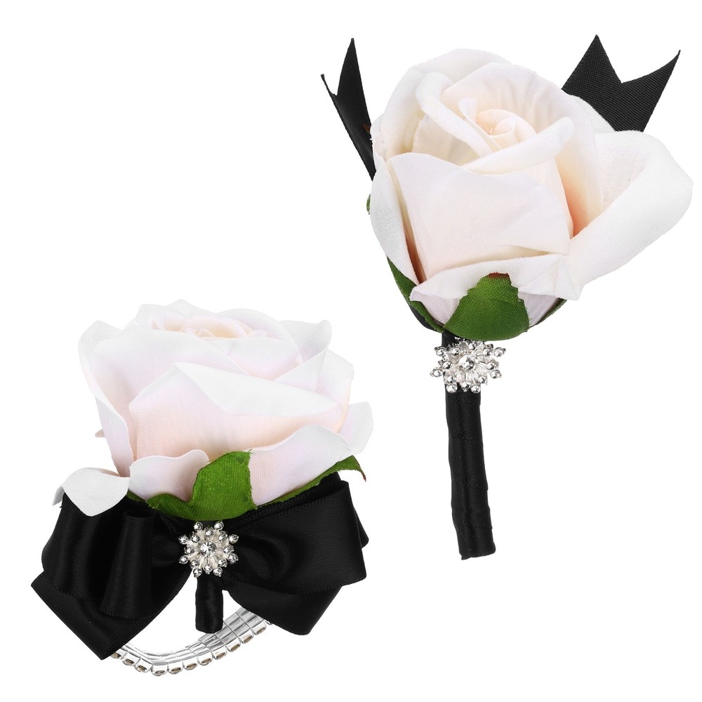 2Pcs Wrist Corsage Boutonnieres Set with Black Ribbon, Champagne
