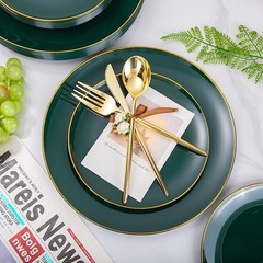 I00000 150Pcs Green Plastic Plates with Gold Rim, Fancy Disposable Green Gold