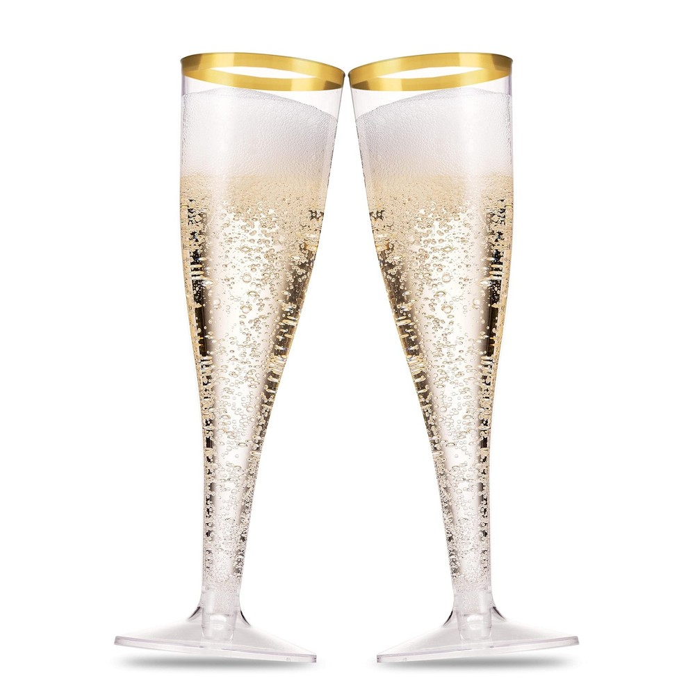 Munfix 50 Pack Gold Rimmed Plastic Champagne Flutes 5 Oz Clear Plastic Toasti…