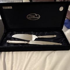 Things Remembered Wedding Cake Knife & Server Set Silver Swarovski Beaded Handle