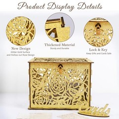 Glittery Gold Wedding Card Box with Lock Wooden Gift Card Box for Wedding Rec…